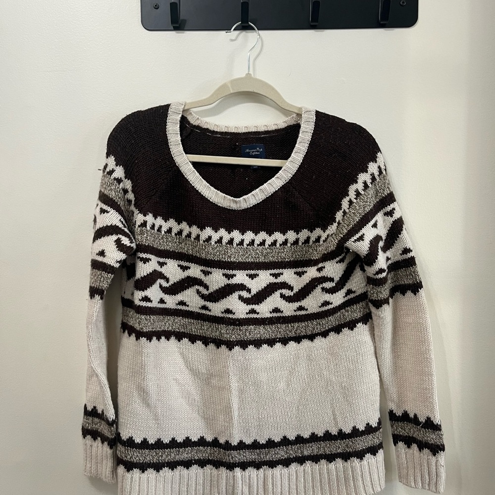 American Eagle Outfitters Brown and Cream Sweater